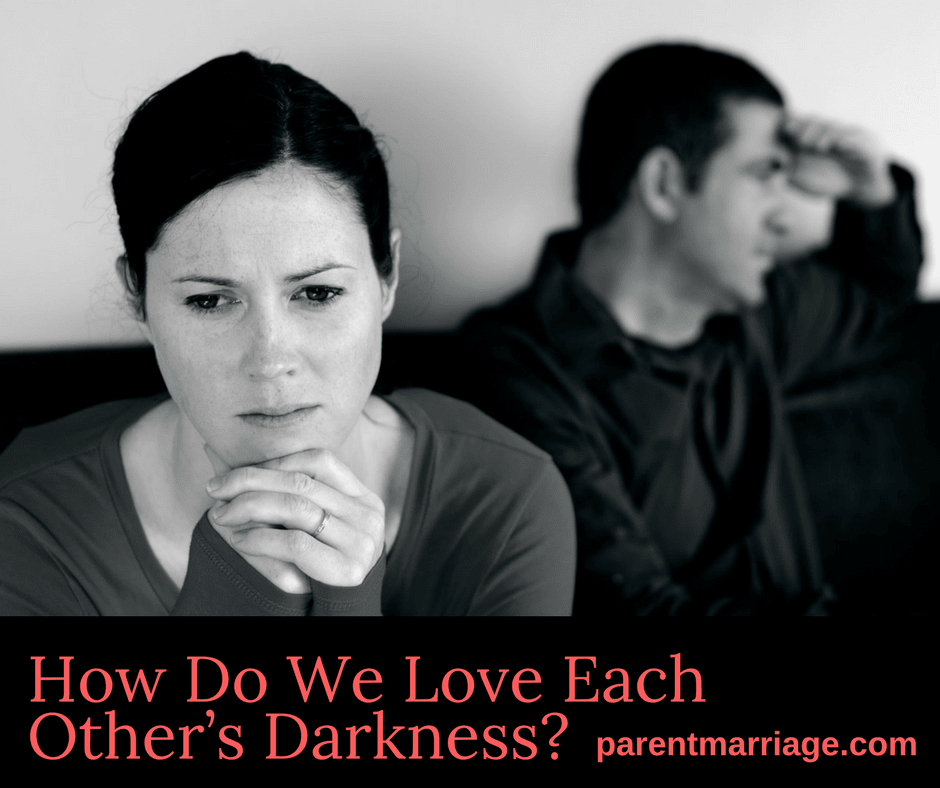 A black and white photo of a distraught couple, captioned How Do We Love Each Other's Darkness