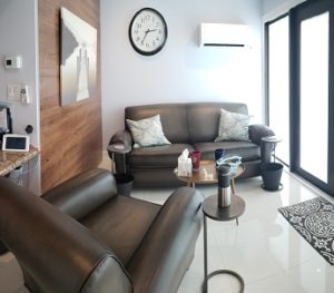 The Kendall office, a small modern room with leather couches