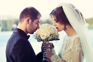 A married couple on their wedding day