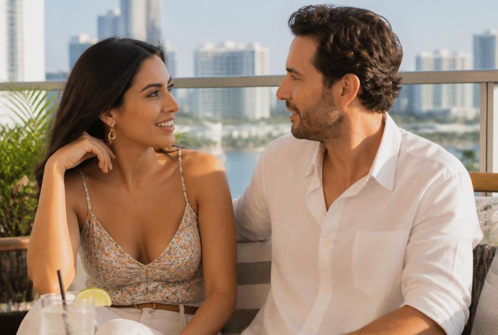 A couple in their 30s sitting close together on a Miami balcony