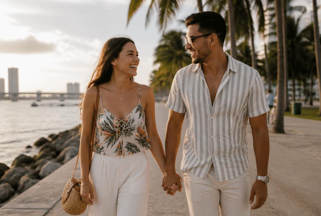 A couple walking together along a palm lined Miami waterfront
