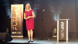 A speaker on stage at the ICF Global Leaders Forum 2017