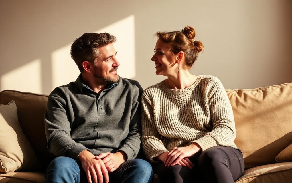 A couple sitting together on a sofa talking, a session for both partners