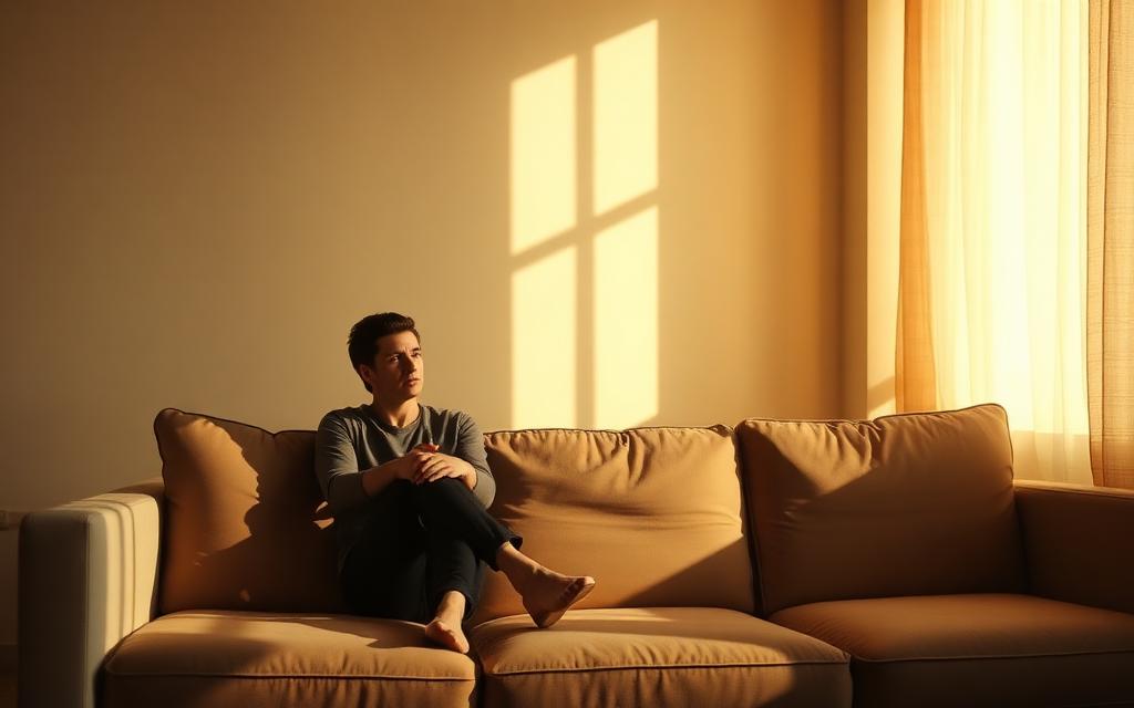 One person sitting alone on a sofa in warm light, an individual coaching session