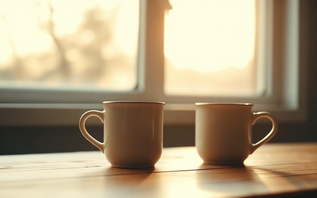 Two mugs on a table by a sunlit window, the welcome call for first timers