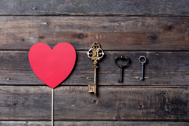 A red heart shape beside three keys