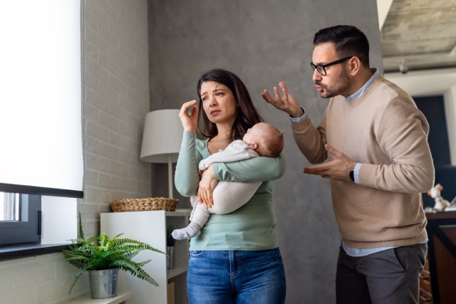 A young father with a baby, and a wife struggling after the birth