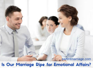 Man and woman smiling at work while second woman stares daggers at first with caption, Is Our Marriage Ripe for Emotional Affairs?