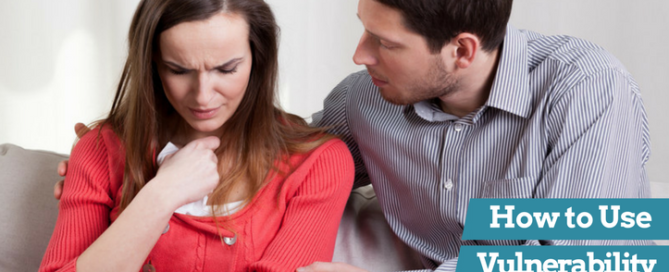 Married couple having difficult conversation with caption How to Use Vulnerability to Reconnect