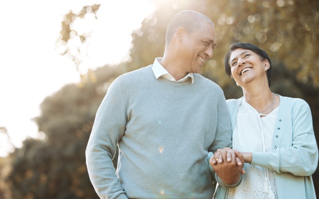 Save Marriage: Happy, love and senior couple in a park on an outdoor date for romance, bonding or love. Smile, tal.