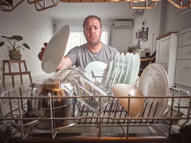 uzzled man in casual wear unloading modern dishwasher with set of clean dishware in light kitchen with contemporary kitchenware at home
