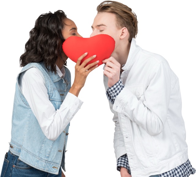 a man kissing a woman kissing a red heart