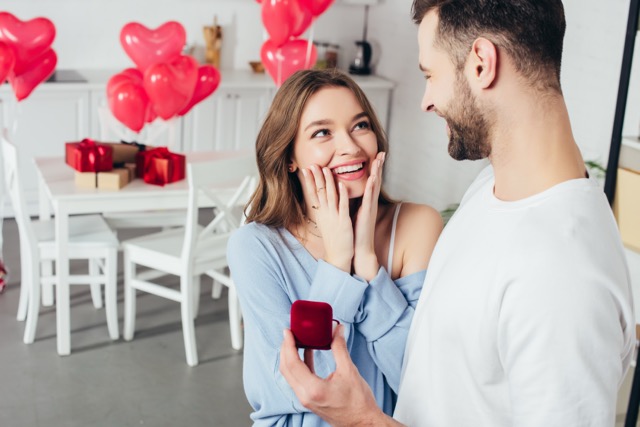 Propose Day: selective focus of surprised girl touching face while man doing proposal at propose day.